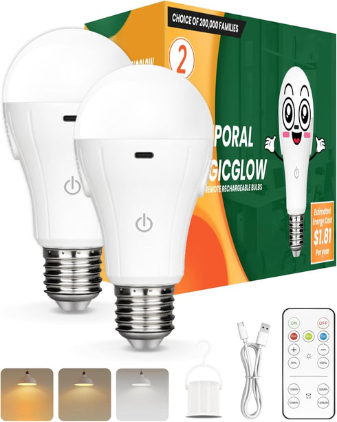 Neporal MagicGlow Rechargeable Light Bulbs with Remote, 3-Color Shift 1800K-4000K-6000K, Dimmable, USB Rechargeable Battery Operated Light Bulb Up...