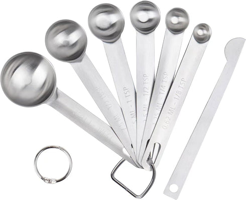 Upgrade Stainless Steel Measuring Spoons Set, Small Tablespoon, Teaspoons, Set 6 with Bonus Leveler, Etched Markings and Removable Clasp for Dry a...