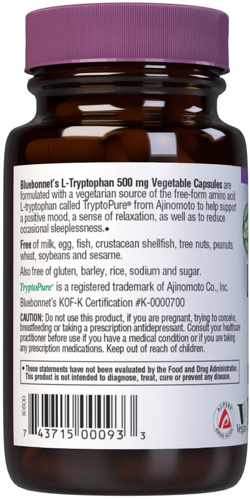 BlueBonnet L-Tryptophan 500 mg Vitamin Capsules, 30 Count...