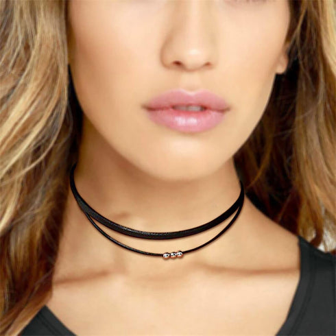 Boho Layered Leather Rope Necklace Choker Black Leather Cord Choker Necklace Gothic Leather Suede Necklace Chain Short Black Collar Necklace Jewel...