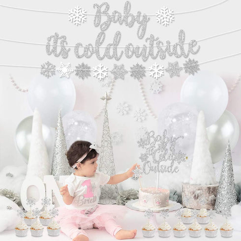 Baby It’s Cold Outside Party Decorations, Banner, Snowflake Balloons, Garland for Winter Wonderland Baby Shower, Christmas, Winter Birthday Party ...