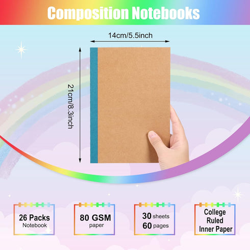 EOOUT 26 Pack A5 Kraft Notebooks, Composition Notebooks, Lined Journals Bulk with Rainbow Spines, 10 Colors, 60 Pages Lined Paper for Kids, Women ...