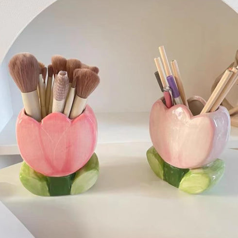 Pen Holder for Office Desk Accessories Aesthetic Pink Makeup Brush Holder Pencil Holder Cute Tulips Home Decor Birthday Gifts for Women Vanity Too...