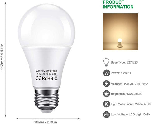 12V LED Light Bulb 60Watt Equivalen E26 7W 630Lm 12 Volt Low Voltage Lights AC/DC 11-18V A19-12volt RV Marine Boat Landscape Lighting- 6 Pack(2700...