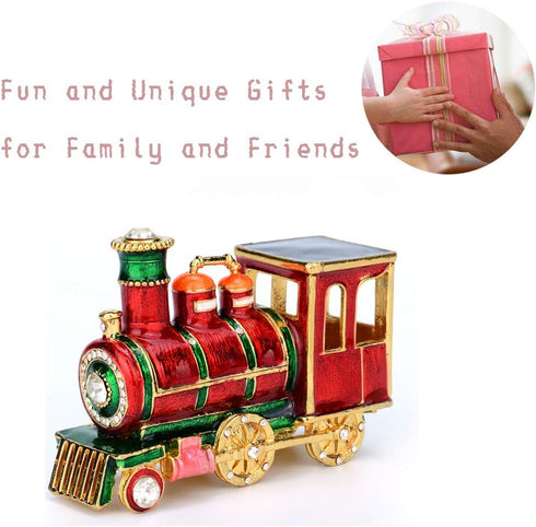 Mini Steam Train Jewelry Trinket Box Hinged Enameled Crystal Ornaments Gift for Home Decor...