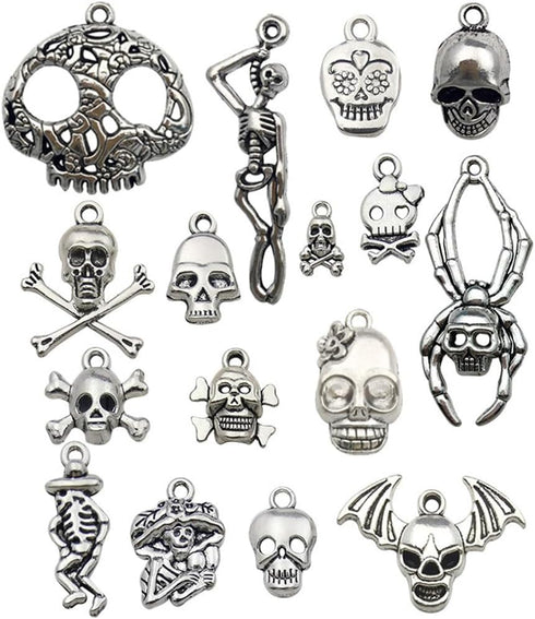 ALIMITOPIA Skull Head Charm Skeleton Bone Halloween DIY Jewelry Making Charm Pendant for Punk Necklace Bracelet Accessaries(32pcs;Silver Tone)...