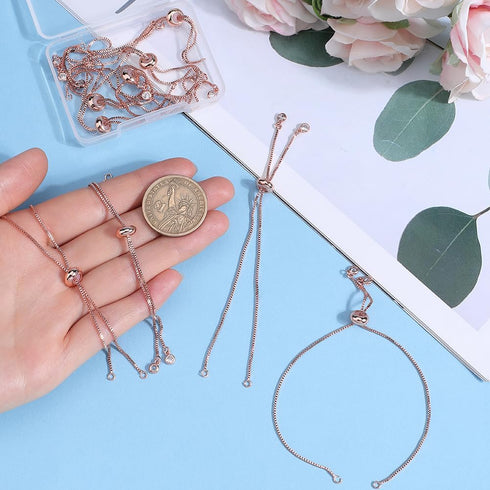 1 Box 12Pcs Slider Chain Bracelets Adjustable Slider Bracelet Brass Extender Chains with Rhinestone Ball End Rose Gold Slider Bracelet Findings fo...