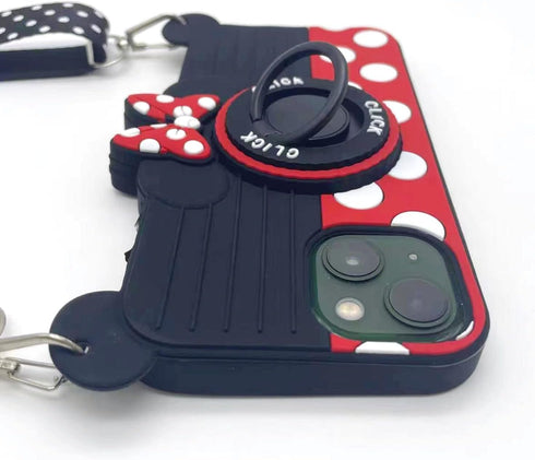 for iPhone 14 Case Cute for iPhone 13 Case 3D Carton Camera Rotating Ring Grip Holder Kickstand Lanyard Teens Girls Women Silicone Cover for iPhon...