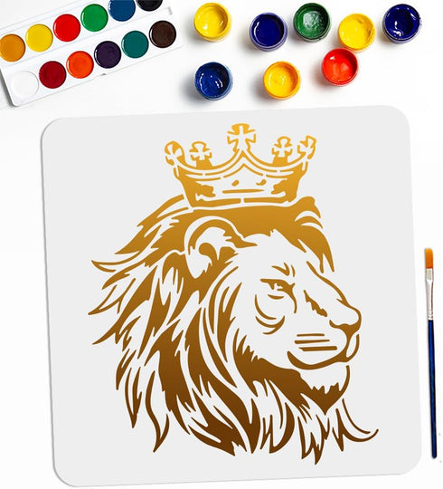 Crown Lion King Stencil 11.8×11.8inch Large Majestic Lion Head Stencil with Paint Brush Royal African Wild Animal King Template for Wood Walls Can...