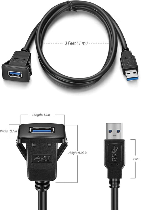 USB3.0 Square Flush Mount - 1M 3ft USB 3.0 Extension Mount, Dash Mount, Flush Mount, Panel Mount Cable, for Car, Boat, Motorcycle (3 feet)...