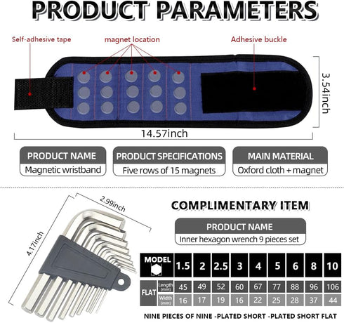 5 rows of 15 powerful magnet tool accessories, magnetic wristband for tools, Holding Screws Wrist Magnet Tool gift for men, adsorbing screws, nail...