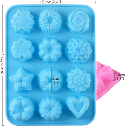 Newk Flower Heart Shape Chocolate Silicone Mold, 4 Packs 12 Cavity Candy Baking Mold for Parties, Festival and DIY Crafts - Green, Blue, Pink, Ora...