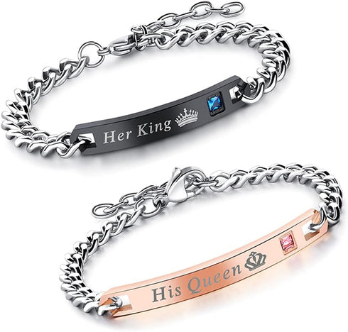 2pcs King and Queen Matching Set His Hers Couples Bracelets Cubic Zirconia Bracelets Link Chain Crown Bracelets Gift Jewelry for Lover Anniversary...