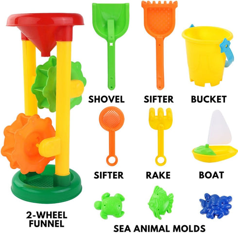 Liberty Imports Double Sand & Water Wheel Tower Beach Toy Set w/Built-in Funnel, Sieve, Bucket, Shovel, Rake, Animal Molds for Kids, Toddlers Play...