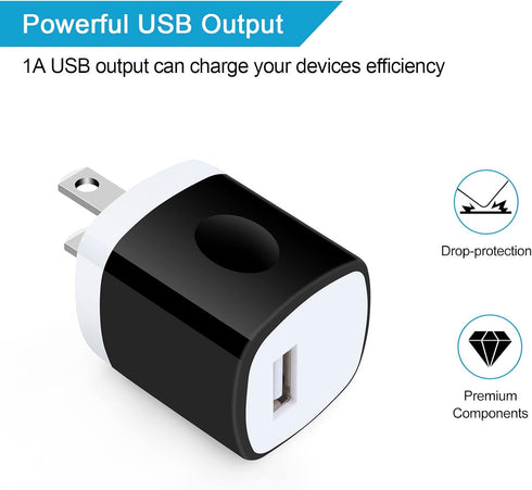 One Port USB Wall Charger,Charging Block,5Pack Travel 1A USB Charger Cube Brick Charger Boxes for iPhone 14/13/12/11/Xs Max/X/8 Plus/7/6S Plus,Sam...