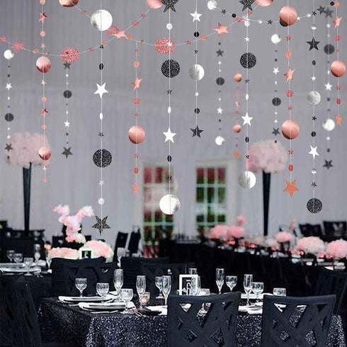 Decor365 Black Glitter Rose Gold Circle Garlands Twinkle Little Star Party Decoration Hanging Banner Backdrop Decor Wedding Birthday Bday Prom Ann...