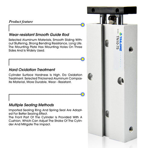 TAILONZ PNEUMATIC 10mm Bore 75mm Stroke Double-Rod Double-Acting Aluminum Pneumatic Air Cylinder TN10-75...