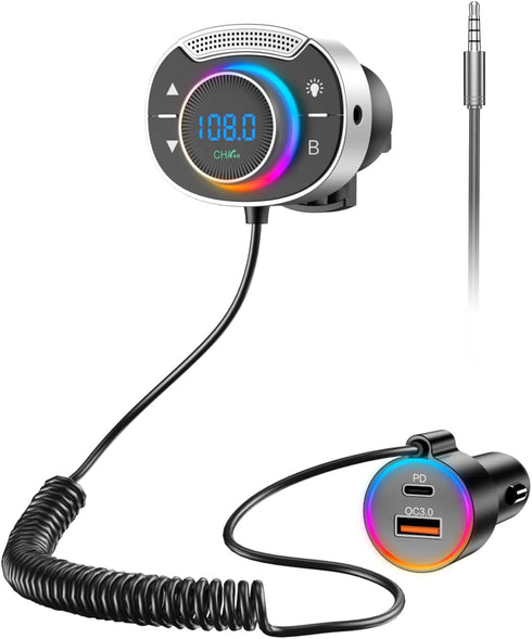 Bluetooth Car Adapter, Fast Charging, 7 LED Colors, AUX Output, U Disk Support, Bluetooth Transmitter, Hi-Fi Bass Sound, FM Radio, Handsfree Calls...