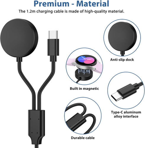 2 in 1 Samsung Watch Charger Cable Wireless Magnetic Charging Dock Compatible with Samsung Galaxy Watch 6 Classic/6/5 Pro/5/4 Classic/4/3/Active 2...