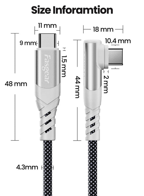 Fasgear 100W USB C to USB C Cable - 3 Pack 3ft&6ft&10ft USB 2.0 Type C to Type C PD Cable 5A Fast Charging Right Angle Compatible with Mac-Book Pr...