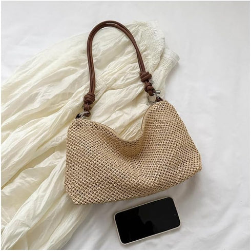 Women Small Faux Straw Bag Summer Beach Bag Woven Underarm Bag Hobo Bag Shoulder Bag Crossbody Purse Handbag 2 Pcs Set...