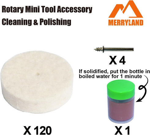 Merryland Flet Polishing Wheel for Dremel 125pcs, Polishing Pad Buffing Wheel 1inch 120pcs Polishing Compound Paste 1pcs and Mandrel 4pcs, Rotary ...