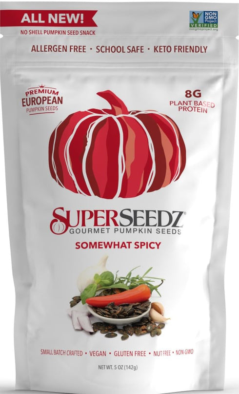 SuperSeedz Dry Roasted Pumpkin Seeds - Somewhat Spicy Pepitas, Whole 30, Paleo, Vegan & Keto Snacks, 8g Plant Based Protein, Produced In USA, Dair...
