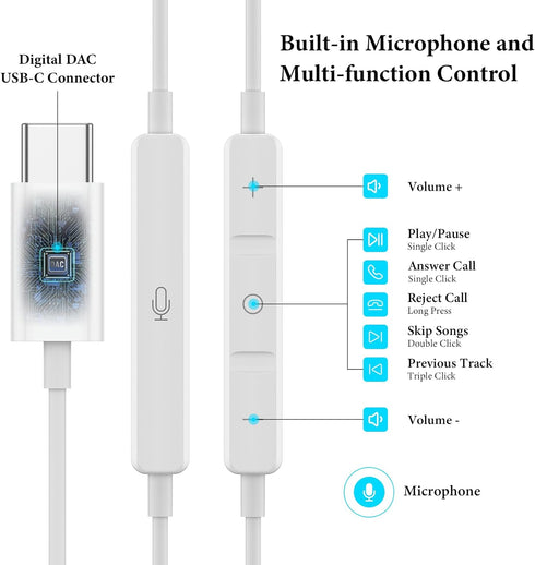 USB C Headphones for iPad Pro iPhone 15 Pro,USB Type C Earphones HiFi Stereo USB C Wired Earbuds with Microphone Volume Control for Samsung S23 Ul...