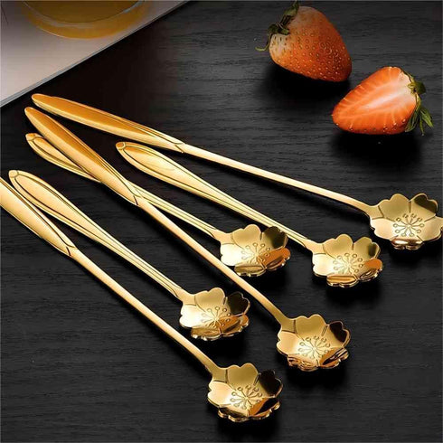 16 Pieces Flower Spoon Coffee Teaspoon 7 Inch Stainless Steel Long Handle Spoon Stir Bar Spoon Stirring Spoon Ice Cream Spoon Gold Sakura Shaped...