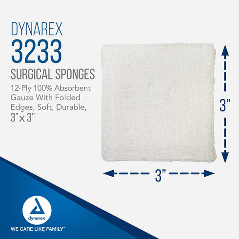 Dynarex Surgical Gauze Sponges- Absorbent Cotton Fabric with Folded Edges - Soft, Durable, Non-Sterile Dressing - 3x3, 12-Ply - Sleeve of 200 Spon...