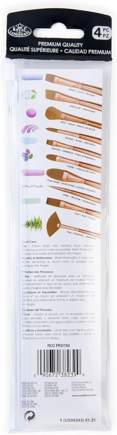 Royal & Langnickel Crafter's Choice Pro 4pc Synthetic Sable Wash Variety Craft Brush Set, Includes - Shader, Wash, Round & Fan Brushes...