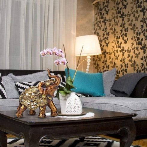 Golden Elephant Statue, Resin & Wood Grain Collectible Figurine, Feng Shui Lucky Elephant Sculpture for Home TV Cabinet...