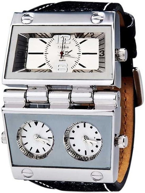 ShoppeWatch Mens Watch Large Face Oversize Three Time Zones Multi Dial Leather Band OM-165...