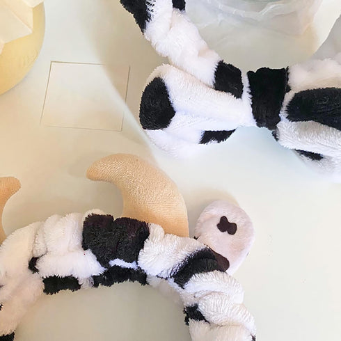 3 PCS Spa Headband Cow Print Ears for Face Washing, Cute Cow Plush Wash Face Elastic Headbands Women Girls Makeup Skincare Bath Head Wrap Kids Cos...