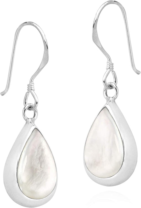 AeraVida Elegant Teardrop White Mother of Pearl Inlay Sterling Silver Dangle Earrings...