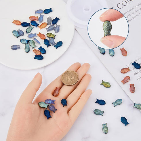 SUNNYCLUE 1 Box 80Pcs Fish Beads Bulk Small Fish Animal Beads Summer Sea Animals Fish Charms Blue Orange Double Sided Electroplated Frosted Fish L...