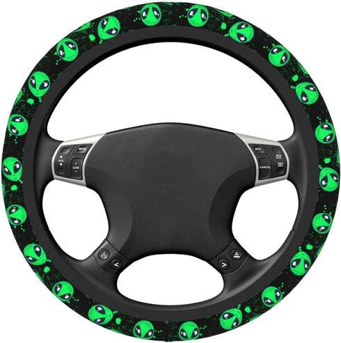 Cool Green Novelty Alien Steering Wheel Cover for Women Men Girls Car Accessories Decor Anti-Slip Neoprene Auto Steering Wheel Covers Protector Un...