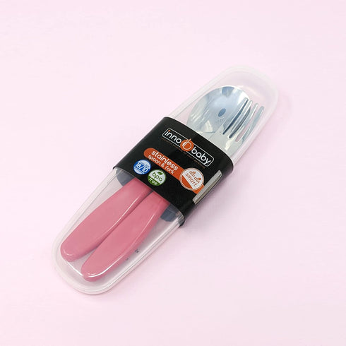 Innobaby Din Din Smart EZ Grip Spoon and Fork with Carrying Case, Utensil Set for Kids and Toddlers, BPA Free (Pink)...