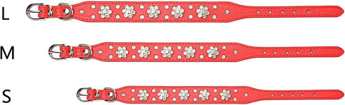 Rhinestone Dog Collar, Cute Flower Rhinestone Cat Dog Collar Bling Collar PU Leather Collar Adjustable Sizes Small Medium Large (M, Red)...