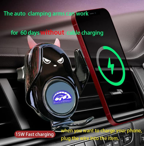 Car Phone Holder Mount Wireless Charging Auto Clamping with Rotatable Vent Clip Cute Demon for iPhone 15 14 13 12 11 10 Pro Xs, Samsung Galaxy S23...