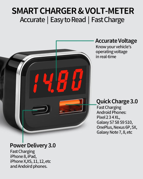 USB C Car Charger Adapter with Volt Meter, 30W Cigarette Lighter Adapter with Voltmeter, Type C Car Charger Fast Charging 12V, PD & QC 3.0 Compati...