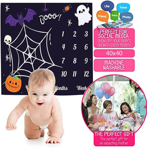 Halloween Theme Baby Monthly Milestone Blanket, 48x40in Soft Flannel, Ghost and Pumpkin Skull Background, Newborn Mom Gifts, Baby Shower Age Growt...
