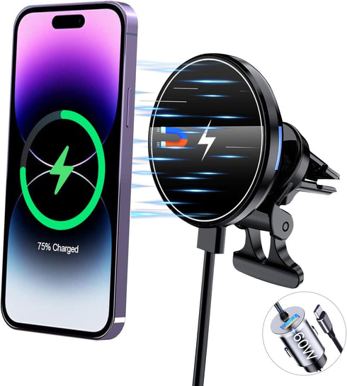 Magnetic Wireless Car Charger Mount,Compatible with MagSafe Car Charger,15W Fast Charging Air Vent Car Phone Holder for iPhone 15 14 13 Pro Max Pl...