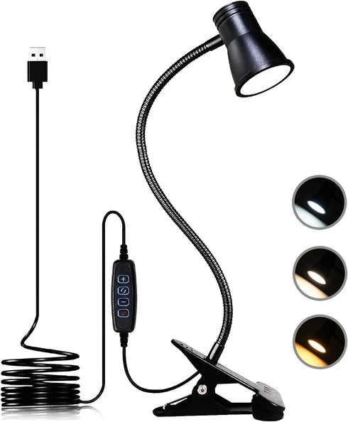 Clip Desk Lamp, USB Reading Light, Flexible Neck Led Clamp Light with 3 Color Temperature Options, 10 Dimmable Brightness Levels for Working, Stud...