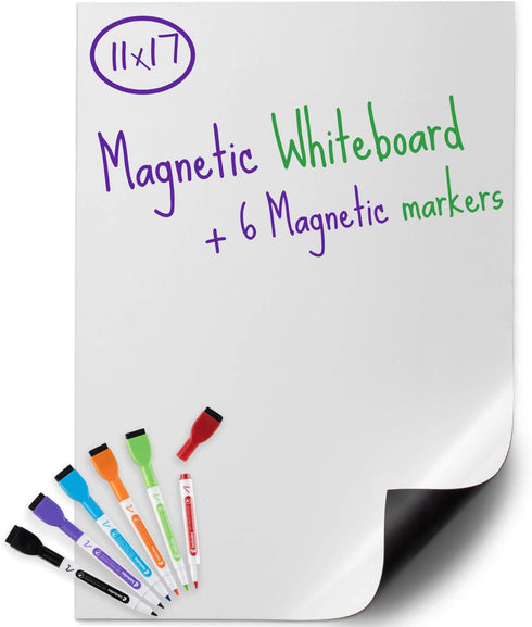 Kedudes USA Made Magnetic Dry Erase Board Sheet 17" x 11" with Set of 6 Markers - Magnetic Whiteboard for Fridge - Fridge Whiteboard Magnetic - Dr...