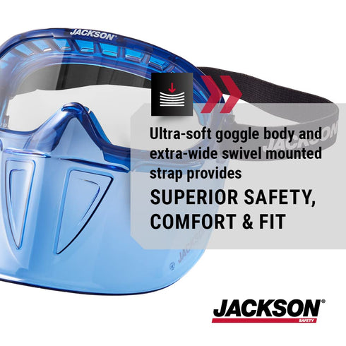 Jackson Safety GPL500 Safety Goggles with Flip Up/Detachable Blue Face Shield - Eye Protection Goggles Over Glasses for Men & Women - Anti-Fog, Cl...