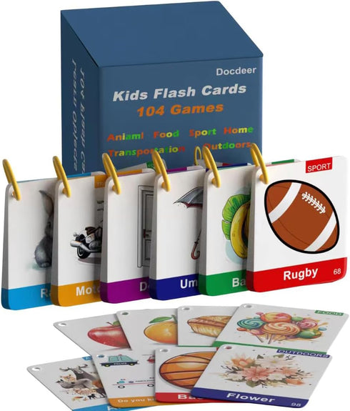 104 Kids & Toddler Flash Cards - 208 Sides - Learn Objects & Play Games Flashcards - Food Animal Toddler Learning Educational Toys Flash Cards 2 3...