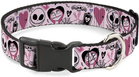 Disney Pet Collar, Dog Collar Plastic Buckle, The Nightmare Before Christmas Jack and Sally Doodles Pink, 9.5 to 13 Inches 1.0 Inch Wide...