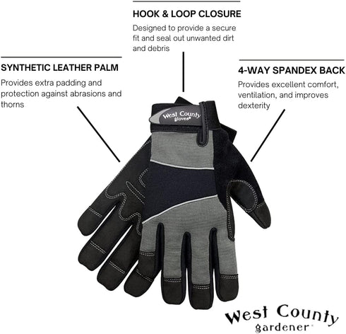 West County 013C/L Men's Gloves –Large, Charcoal, Work Gloves with Four-Way Spandex Backing, Adjustable Cuff...
