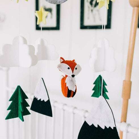 Baby Crib Mobile (Woodland Fox) - Nursery Decoration - Ceiling Mobile and Crib Mobile - Hypoallergenic Eco-Felt, Unfinished Wood, Adjustable, Gree...